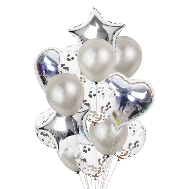 Set of 14 rose gold confetti balloons for birthday parties, featuring colorful helium balloons with festive confetti details.