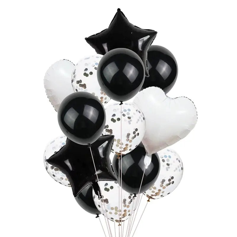 Set of 14 rose gold confetti balloons for birthday parties, featuring colorful helium balloons with "Happy Birthday" design.