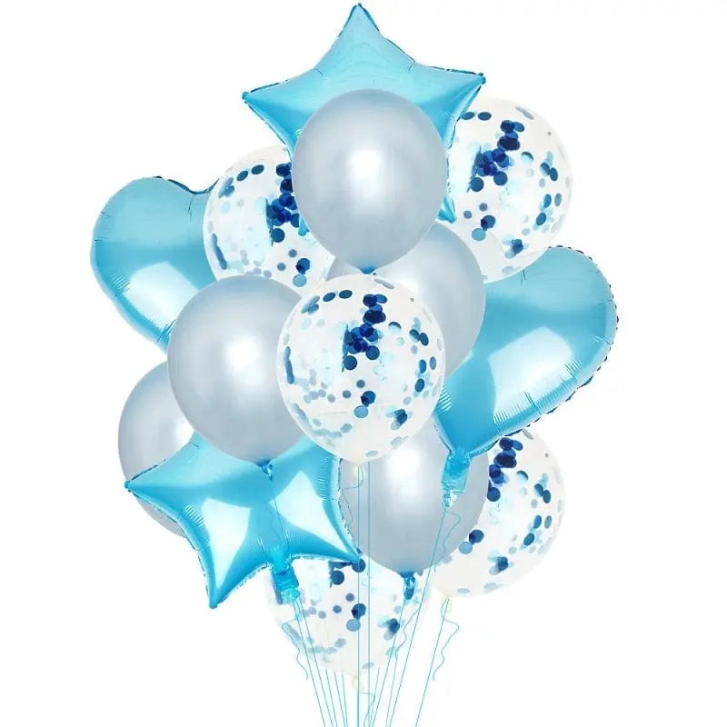 Set of 14 rose gold confetti balloons for birthday parties, featuring colorful helium balloons with "Happy Birthday" designs.