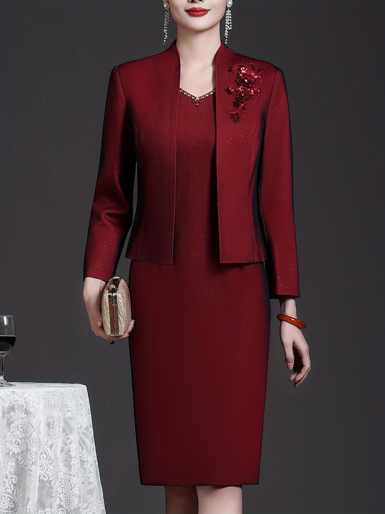 Wine Red Two-piece Dress Set Elegant Slim, Long Sleeve Coat Embroidered Top And Sleeveless Sundress Women SHOWLU FASHION STORE