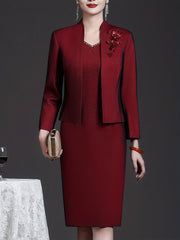 Wine Red Two-piece Dress Set Elegant Slim, Long Sleeve Coat Embroidered Top And Sleeveless Sundress Women SHOWLU FASHION STORE