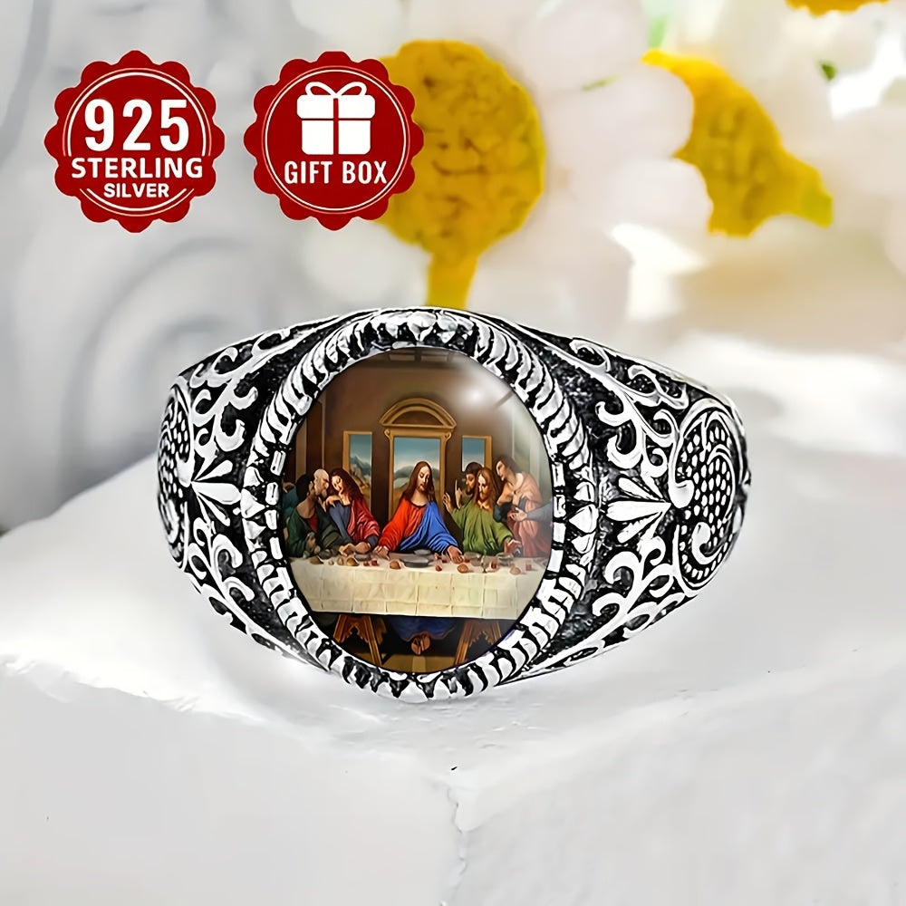 Showlu Men's Last Supper engraved silver-plated vintage ring with detailed religious design and 925 silver finish.