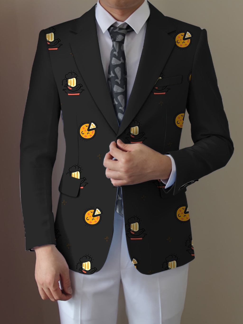 SHOWLU men's casual blazer with cartoon food print, regular fit lapel suit jacket, stylish and comfortable for everyday wear.