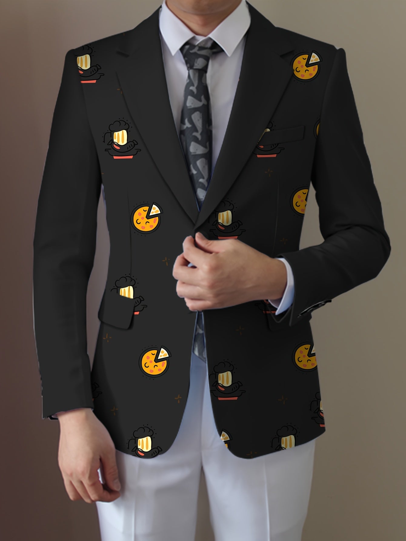 SHOWLU men's casual blazer with cartoon food print, regular fit lapel suit jacket, stylish and comfortable for everyday wear.