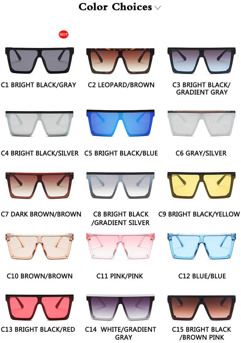 Square flat top sunglasses by Showlu Fashion in 15 colors, UV400 gradient mirror shades for men and women.