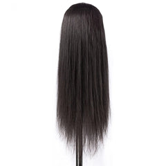 A long, straight black human hair wig displayed on a mannequin head against a white background.