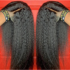 A black human hair wig with a kinky straight texture and a transparent lace front.