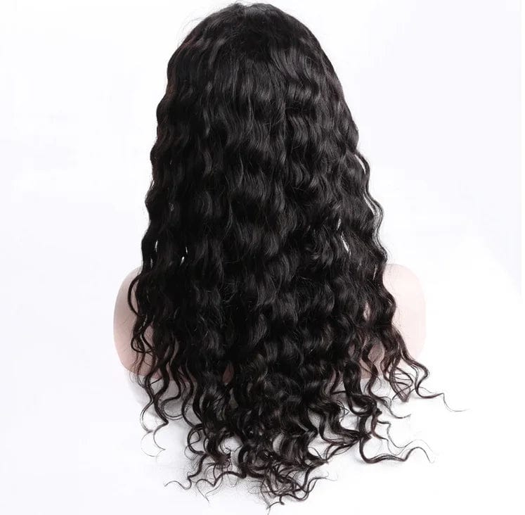A back view of a long, black human hair wig with a wavy texture on a mannequin head.