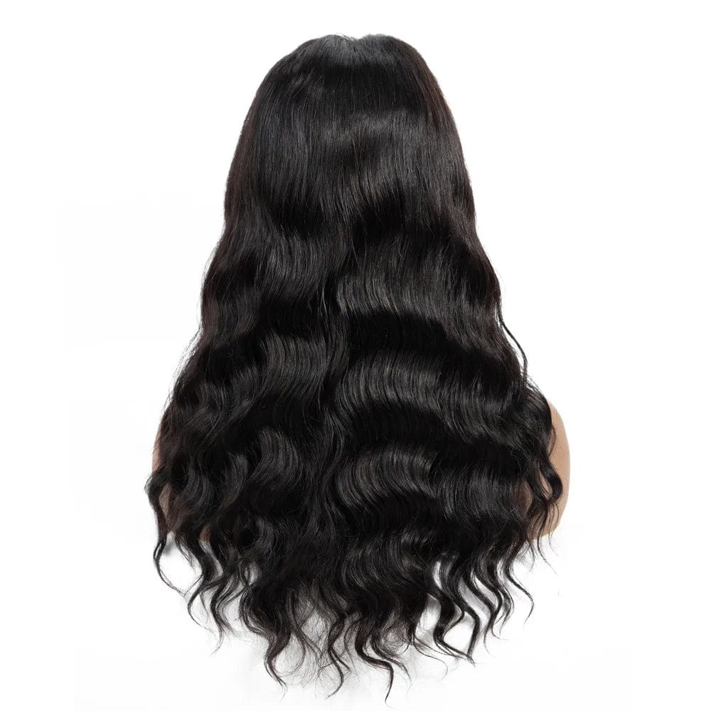 A long, wavy black human hair wig shown from the back against a white background.