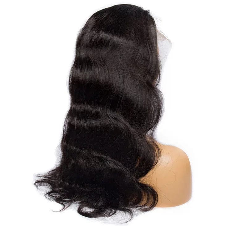 A black human hair wig with a wavy texture displayed on a mannequin head.