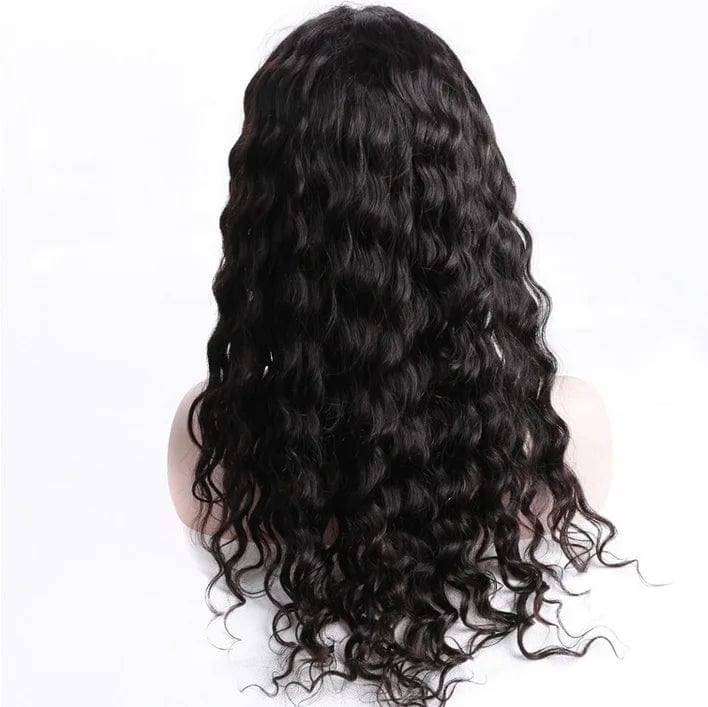 Back view of a long, black human hair wig with a wavy texture on a mannequin head.