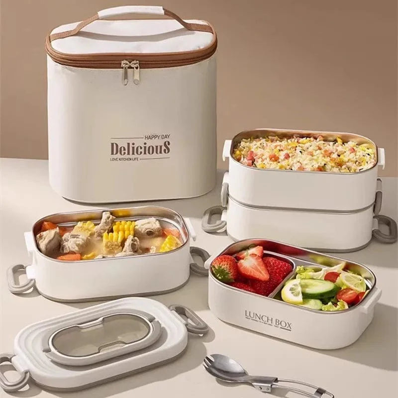 CPLIFE 1500ml stainless steel thermal lunch box with double layers, leak-proof design, and insulated bag for adults and students.