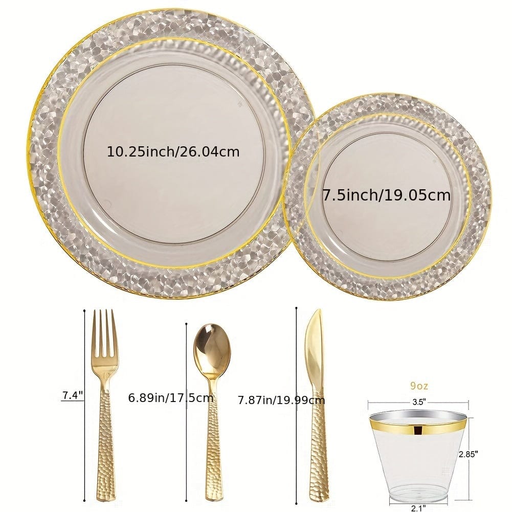 Set of 150 plastic party plates and silverware in gold and black, including dinner, dessert plates, cups, forks, knives, and spoons.