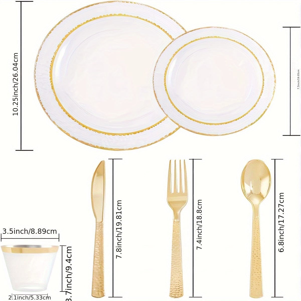 Showlu 150-piece gold rim plastic plates and cutlery set for wedding party, including dinner plates, dessert plates, forks, knives, spoons, and cups.