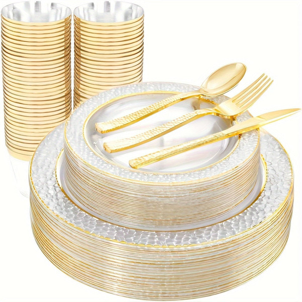 Showlu 150-piece gold rim plastic plates and cutlery set for wedding parties, includes dinner and dessert plates, forks, knives, spoons, and cups