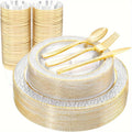 Showlu 150-piece gold rim plastic plates and cutlery set for wedding parties, includes dinner and dessert plates, forks, knives, spoons, and cups