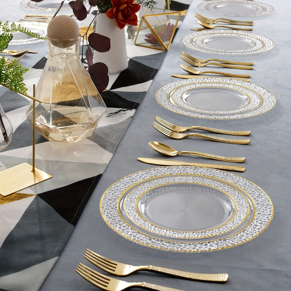 Showlu 150pc gold rim plastic plates and cutlery set for wedding party, includes dinner plates, dessert plates, forks, knives, spoons, cups