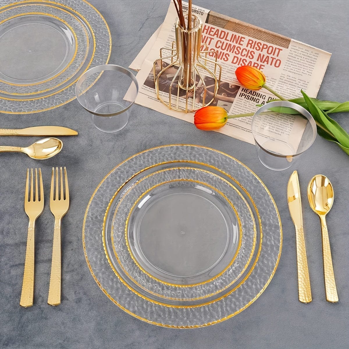 Showlu 150-piece gold rim plastic plates and cutlery set for weddings, includes dinner plates, dessert plates, forks, knives, spoons, and cups