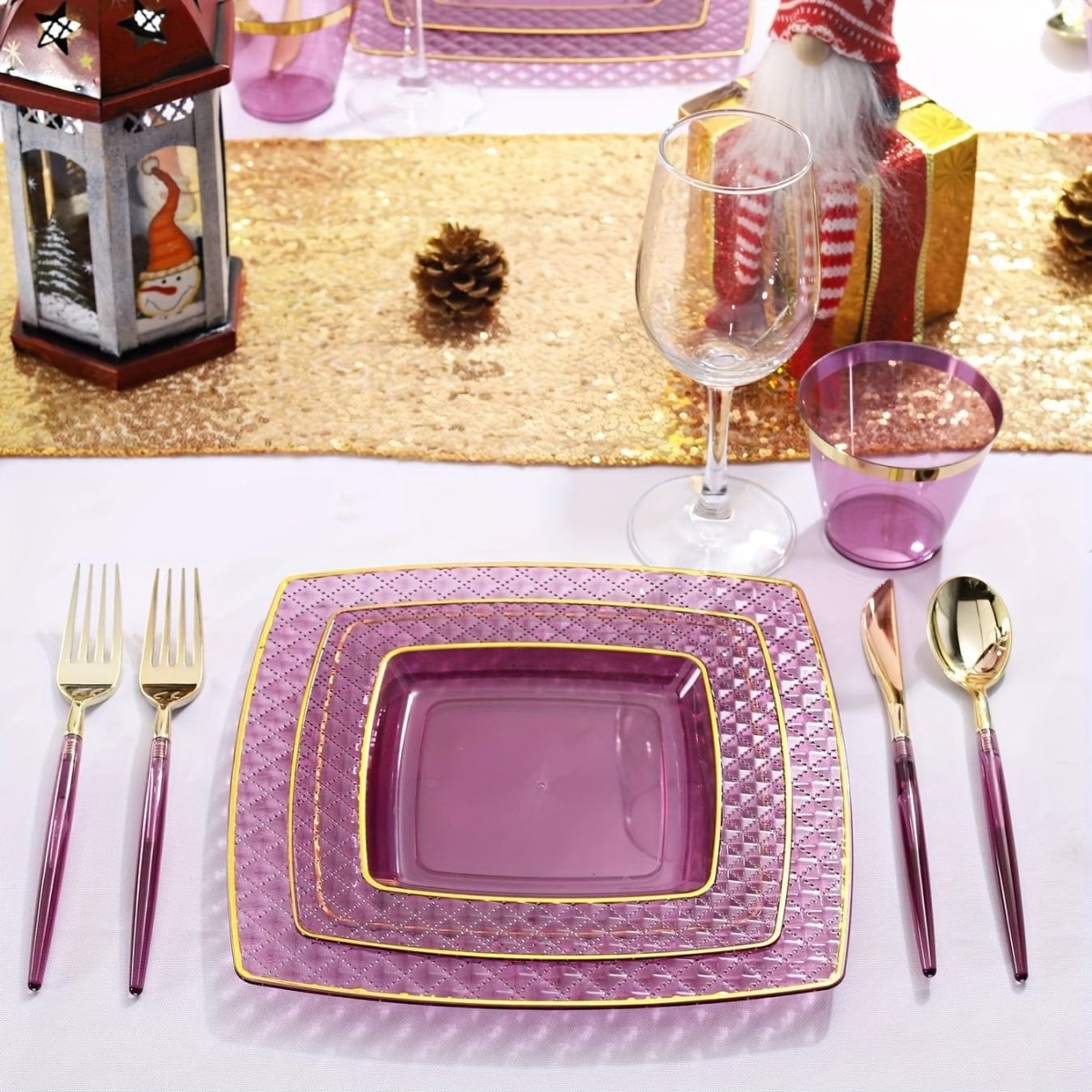 Showlu Purple Square Plastic Plates and Gold Cutlery Set with 150 pieces, including dinner and dessert plates, cups, forks, knives, and spoons.