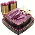 Showlu Purple Square Plastic Plates and Gold Cutlery Set with 150 pieces, including dinner and dessert plates, cups, forks, knives, and spoons.