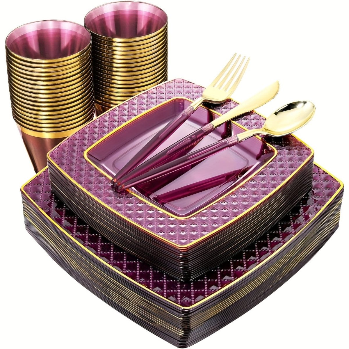 Showlu Purple Square Plastic Plates and Gold Cutlery Set with 150 pieces, including dinner and dessert plates, cups, forks, knives, and spoons.