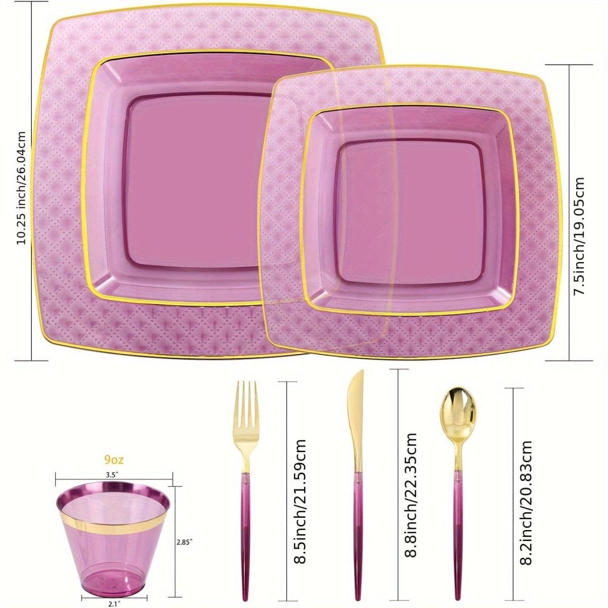 Showlu purple square plastic plates and gold cutlery set, including dinner and dessert plates, cups, forks, knives, and spoons.