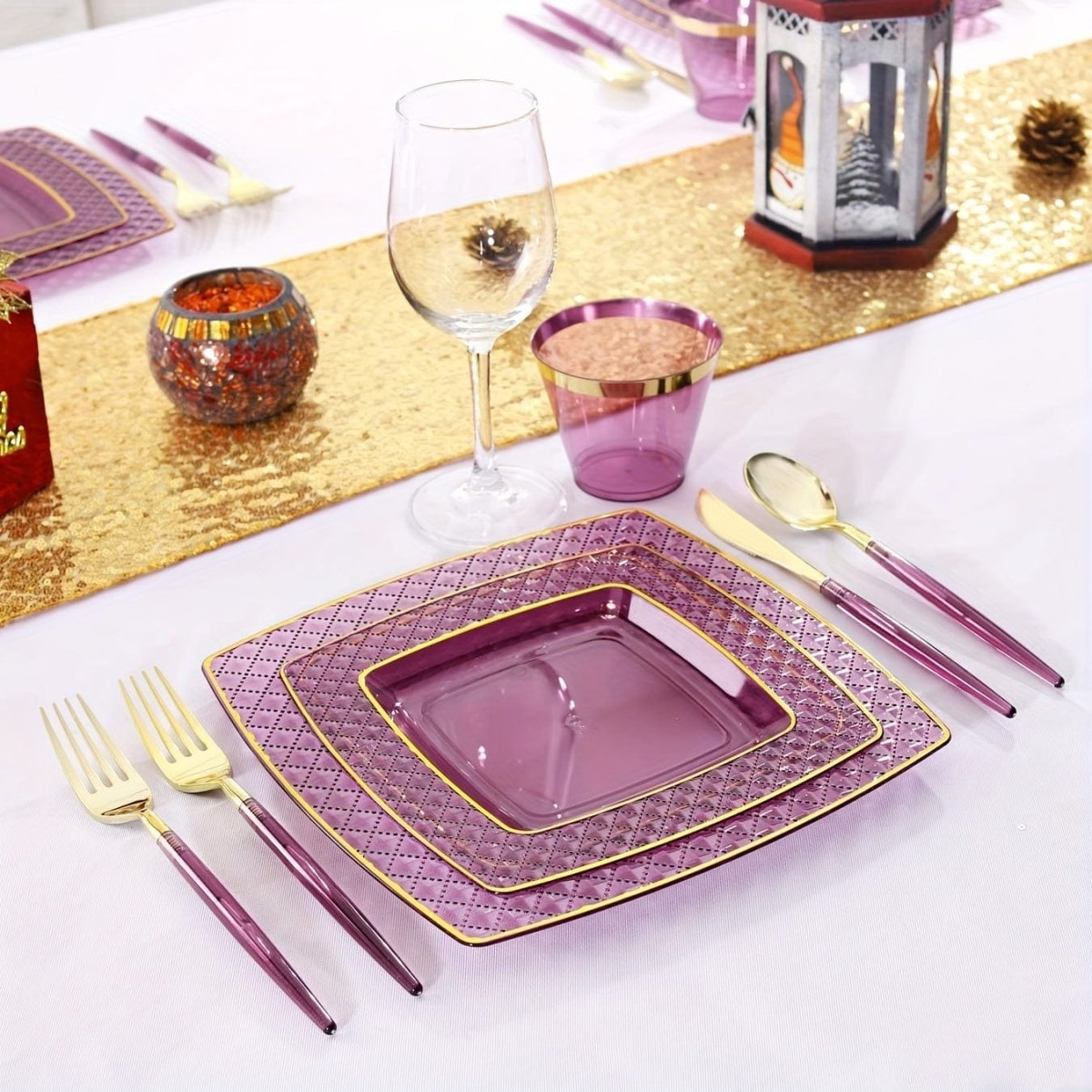 Showlu Purple Square Plastic Plates and Gold Cutlery Set with 150 pieces including dinner, dessert plates, cups, forks, knives, and spoons.