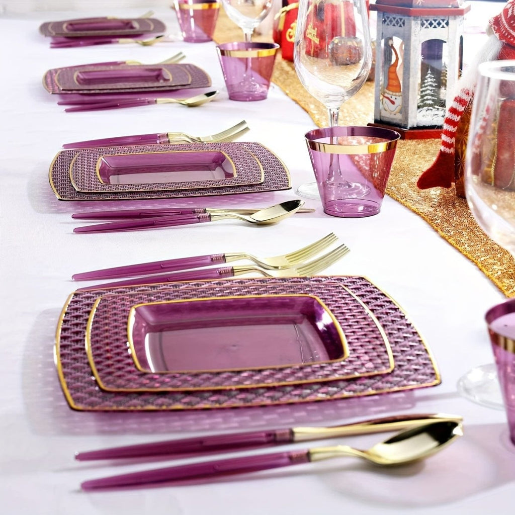 Showlu Purple Square Plastic Plates and Gold Cutlery Set, 150-piece disposable dinner, dessert plates, cups, forks, knives, and spoons.