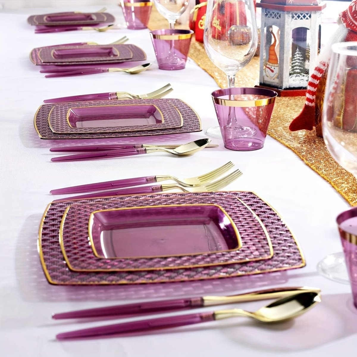 Showlu Purple Square Plastic Plates and Gold Cutlery Set, 150-piece disposable dinner, dessert plates, cups, forks, knives, and spoons.