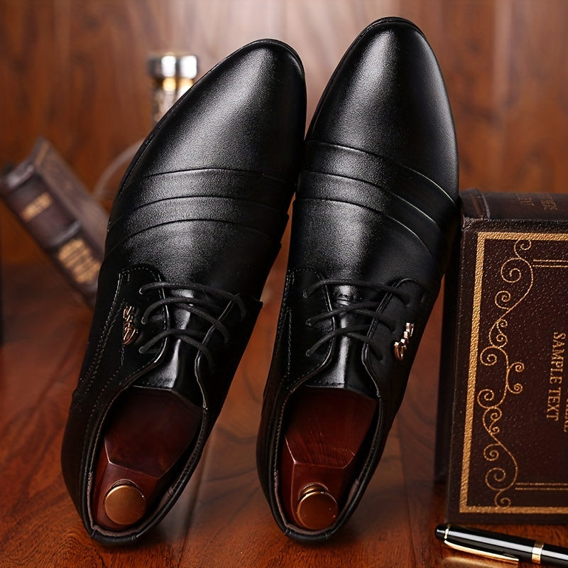 SHOWLU FASHION men's vintage derby shoes with pointed toe, lace-up design, made of black PU leather.