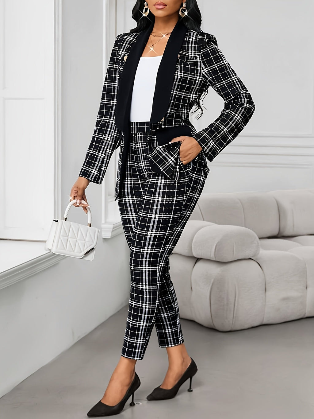SHOWLU FASHION women's geometric plaid blazer and pants set in black and white, stylish and tailored for a modern look.