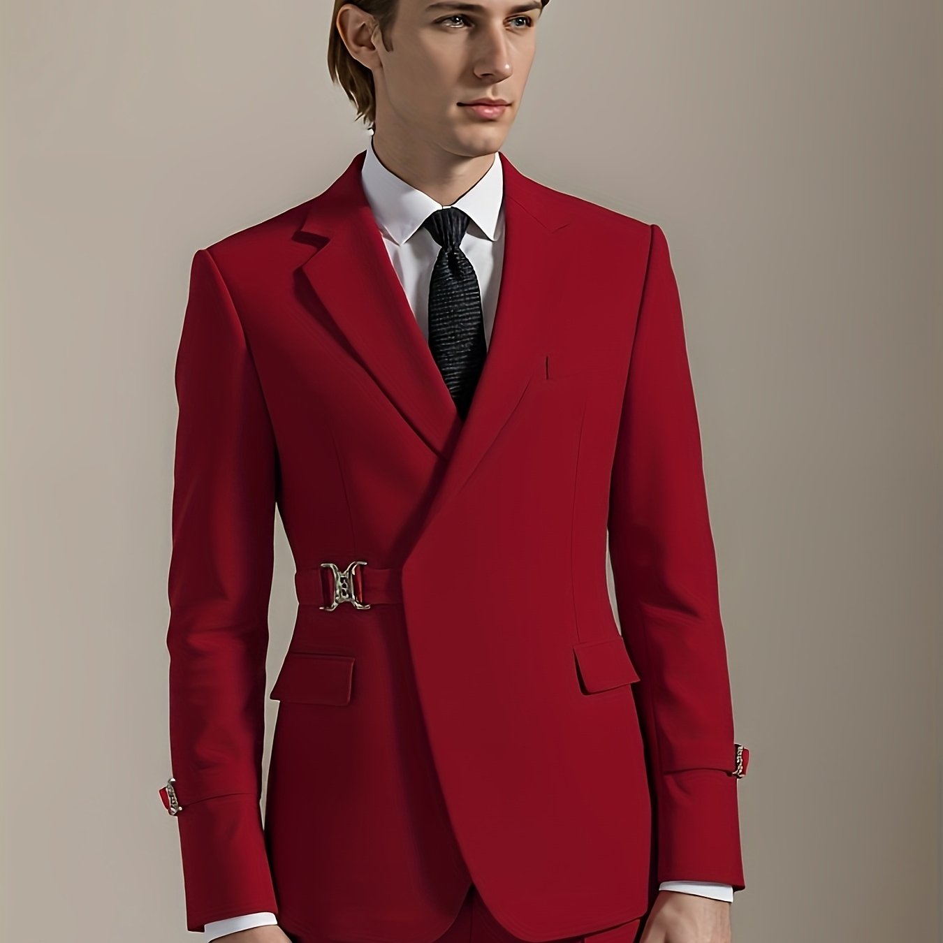 SHOWLU Men's slim fit solid color wedding tuxedo suit with jacket and matching trousers, tailored for a formal occasion.