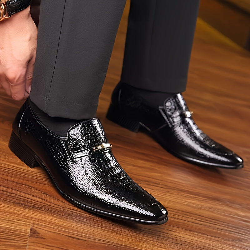 Black crocodile-embossed oxford loafers for men by SHOWLU FASHION STORE, slip-on shoes with sleek leather finish and classic design.