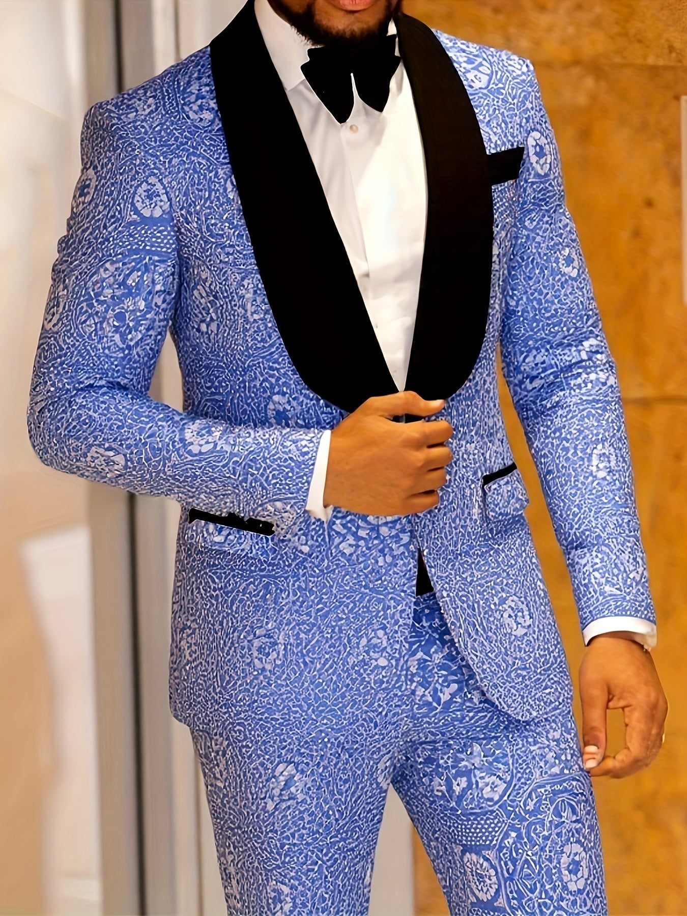Men's slim fit tuxedo suit by SHOWLU FASHION with embroidered 2-piece set, featuring jacket and matching trousers on a model.