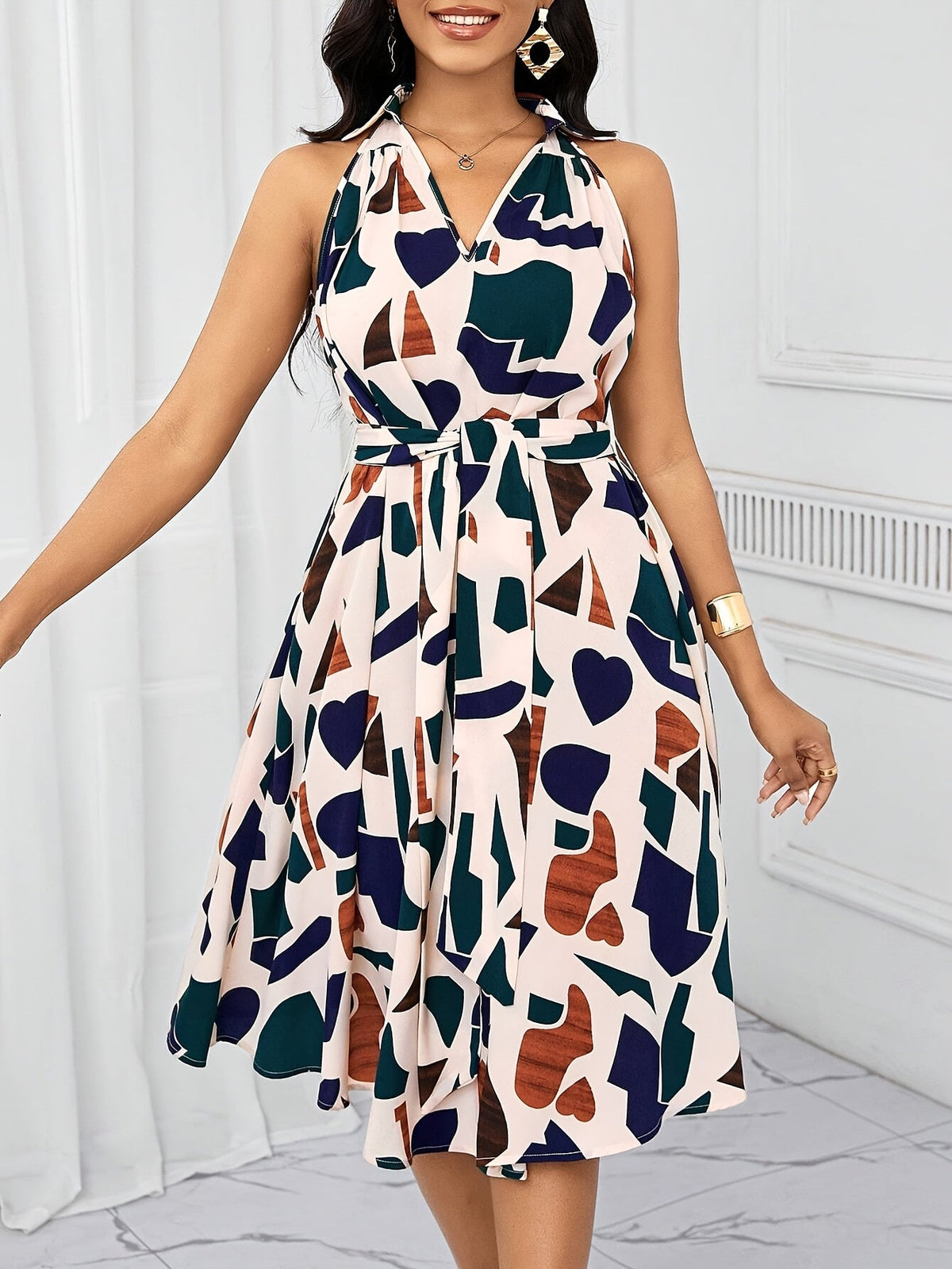 Women's geometric print V-neck A-line dress with bow waist tie by SHOWLU FASHION STORE, showcasing stylish design and pattern.