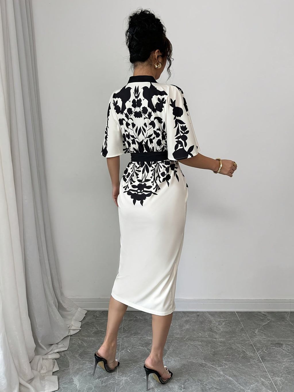 SHOWLU FASHION women's V-neck front tie slim fit printed summer dress displayed on a model, perfect for warm weather.