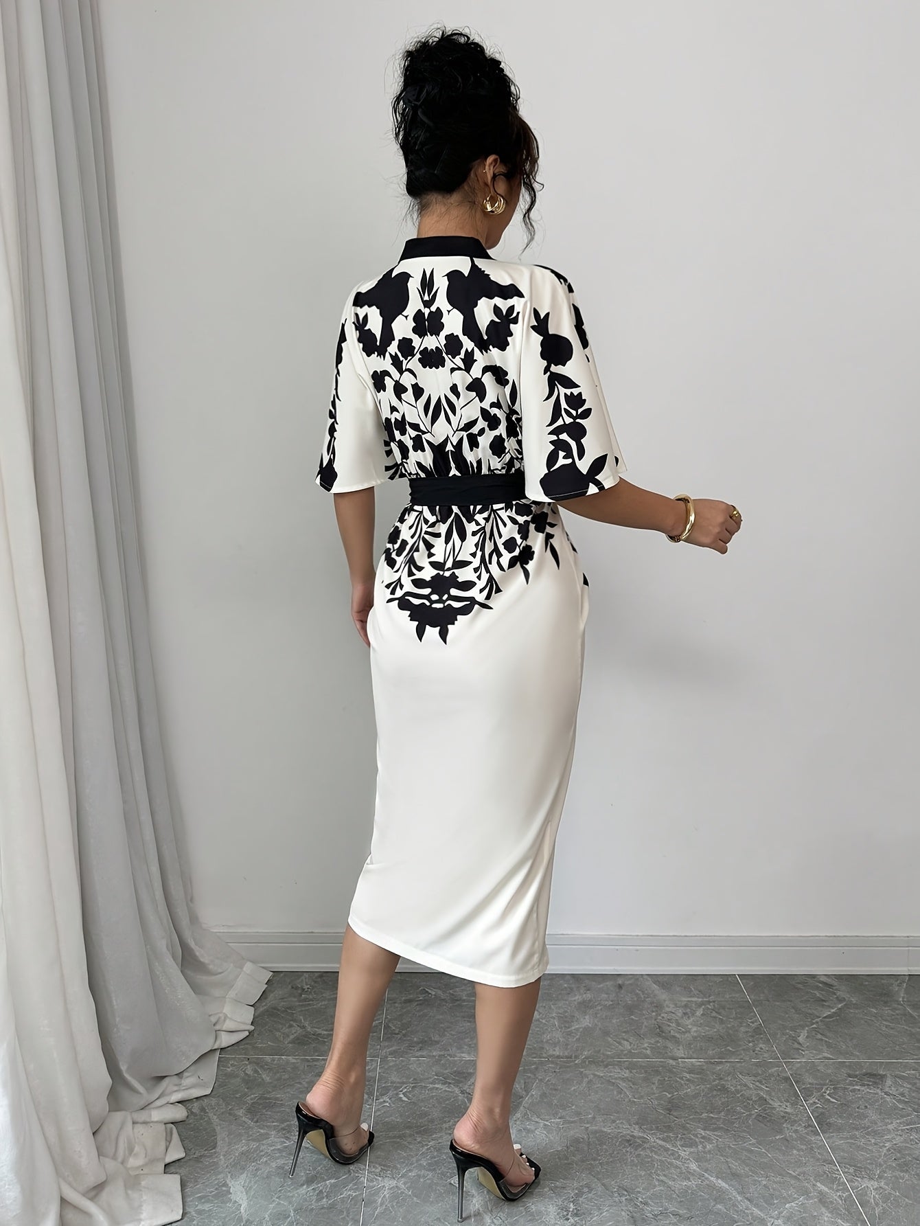 SHOWLU FASHION women's V-neck front tie slim fit printed summer dress displayed on a model, perfect for warm weather.