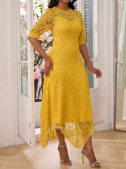 Women's Elegant Yellow Lace Dress - Slim-Fit Round Neck Long Sleeve A-Line with Asymmetrical Hem, Machine Washable Mid-Stretch Fabric for All-Season Wear HRYY281, Stylish Occasion Attire, Formal Evening Wear, Sleek Silhouette