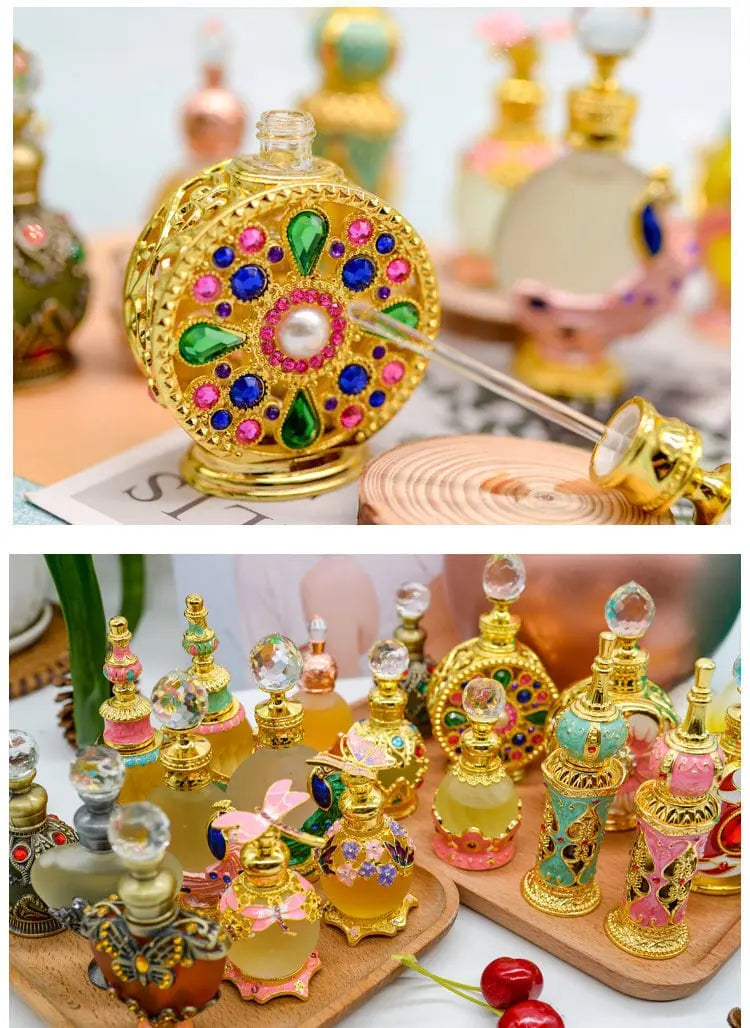 Two images showcase 15ml oil perfume bottles with jewels, gold accents, and intricate designs on trays, reflecting the fresh, elegant scent and long-lasting fragrance of the beautifully crafted product with professional quality control.