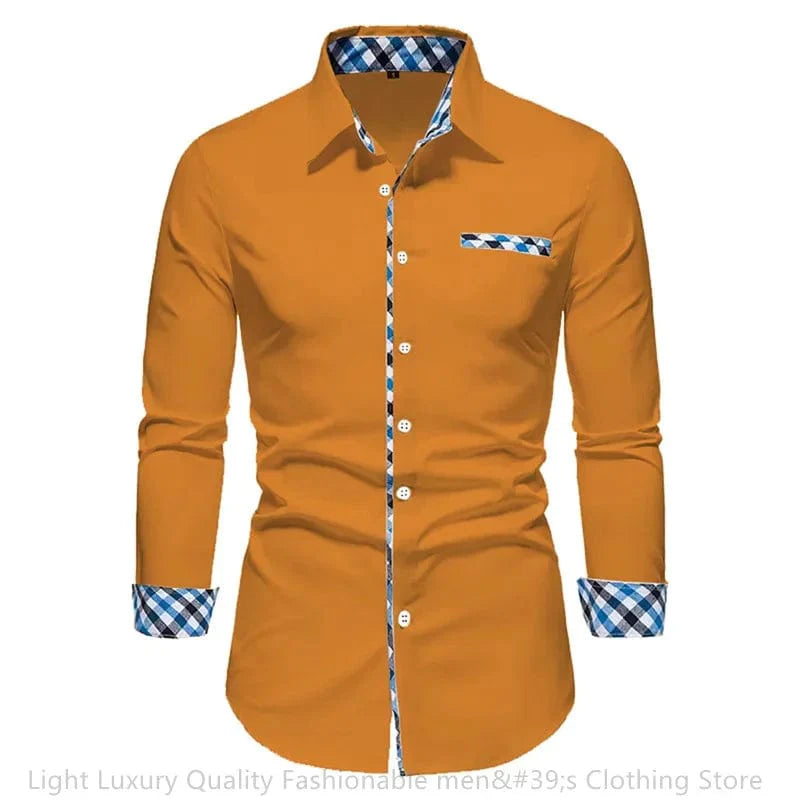 SHOWLU FASHION men's casual long-sleeved shirt in 16 colors, loose fit, with fake pocket, suitable for outdoor and daily wear.