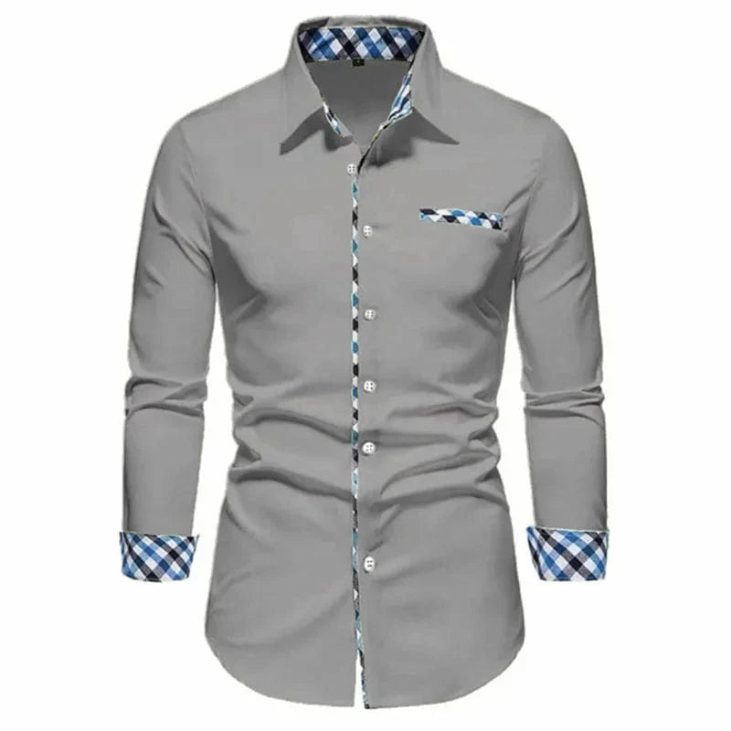 SHOWLU FASHION men's casual long-sleeved shirt in 16 colors, featuring a loose fit, fake pocket, and available in XS to 6XL sizes.