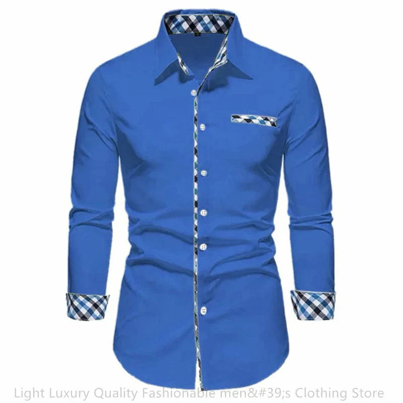 SHOWLU FASHION men's casual long-sleeved shirt in 16 colors, loose fit, with fake pocket, suitable for outdoor and daily wear.