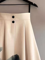 Elegant Floral Print Midi Skirt for Women - Button Detail, Flowy A-Line Cut, Beige & Red Rose Design, Perfect for Casual or Formal Occasions, Cute Skirts, Versatile Fashion, Sophisticated Style, Quality Fabric