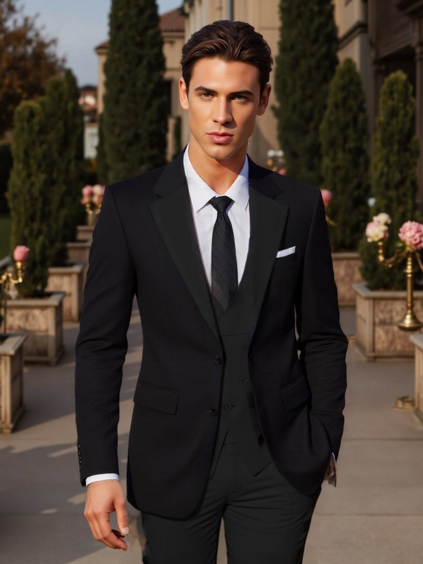 SHOWLU Men's 3-Piece Slim Fit Wedding Tuxedo with jacket, vest, and pants, tailored for formal occasions and elegant style.