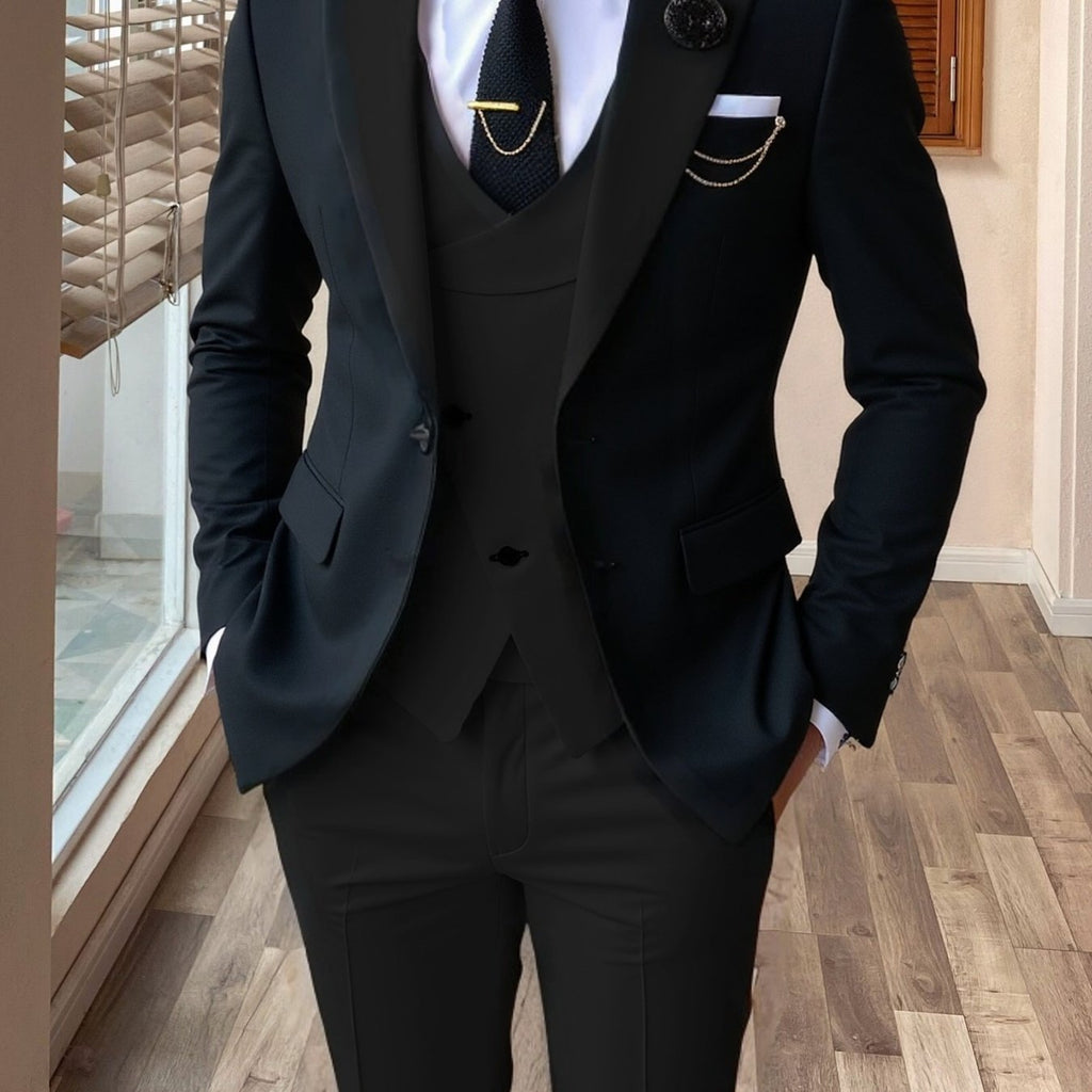 Showlu Fashion men's 3-piece color block slim fit tuxedo suit set with jacket, vest, and trousers in a stylish design.