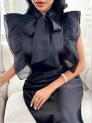 [Black Elegant Blouse] Elegant Black Women's Batwing Sleeve Blouse | Loose Fit, Stand-Up Collar, Lace Trim, Machine Washable, Solid Color, Casual Elegance, Formal Attire, Twisted Front Design, Sophisticated Style, Nontranspar