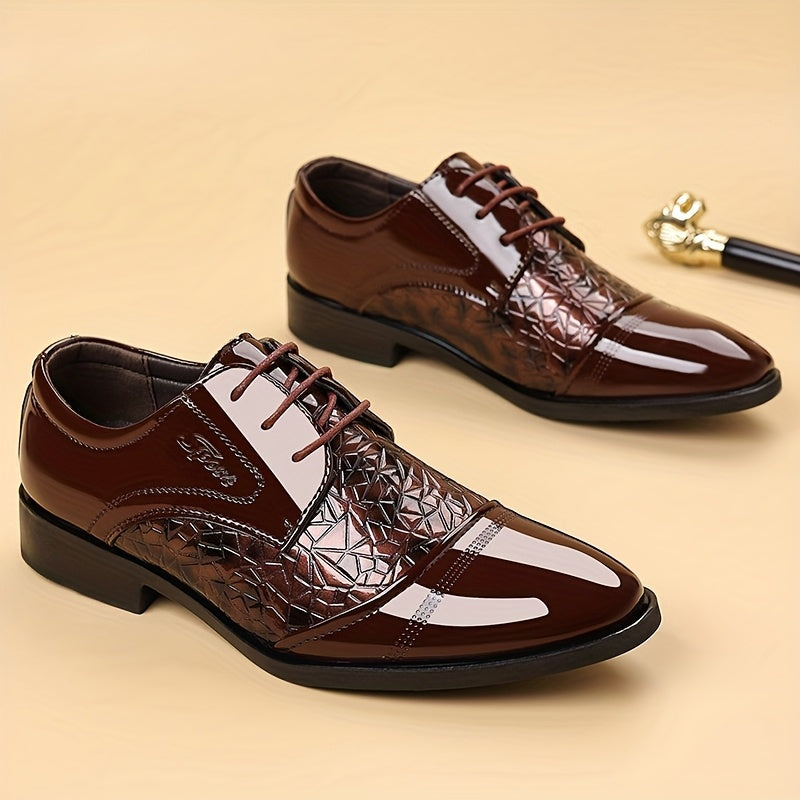 Men's glossy brown faux leather pointed toe dress shoes by Showlu Fashion Store, stylish business footwear.