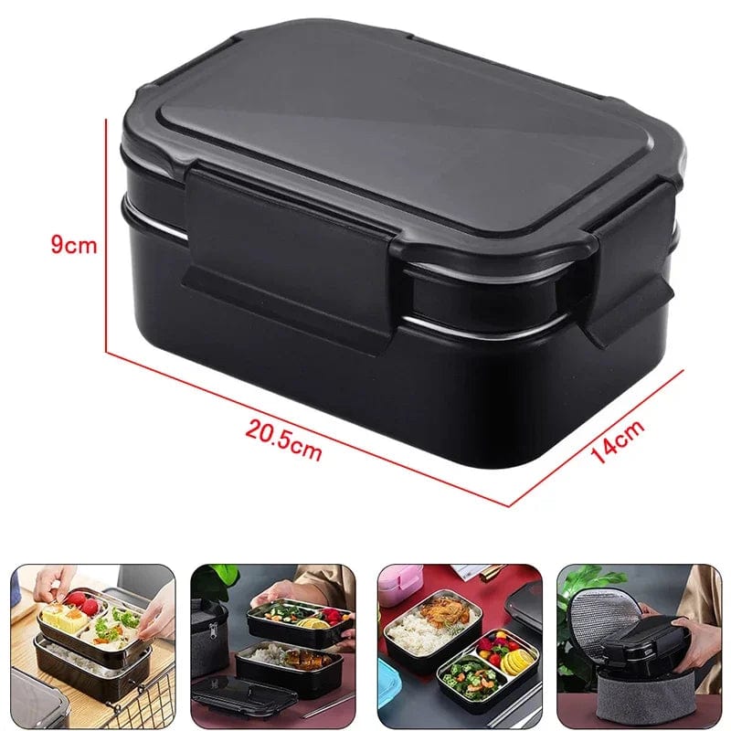 1.6L Stainless Steel Black Lunch Box Food Container Camping Picnic School Worker Office Leakproof Bento Box Japanese 2 Layer Set - SHOWLU FASHION STORE