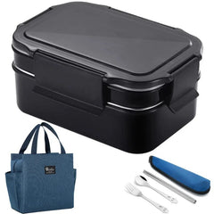 1.6L Stainless Steel Black Lunch Box Food Container Camping Picnic School Worker Office Leakproof Bento Box Japanese 2 Layer Set - SHOWLU FASHION STORE