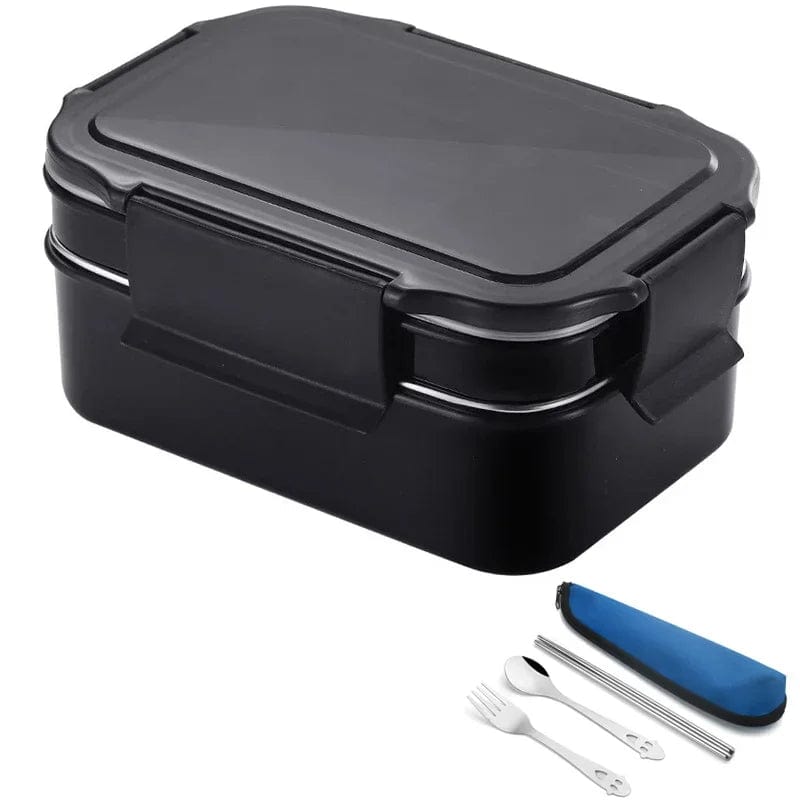 1.6L Stainless Steel Black Lunch Box Food Container Camping Picnic School Worker Office Leakproof Bento Box Japanese 2 Layer Set - SHOWLU FASHION STORE